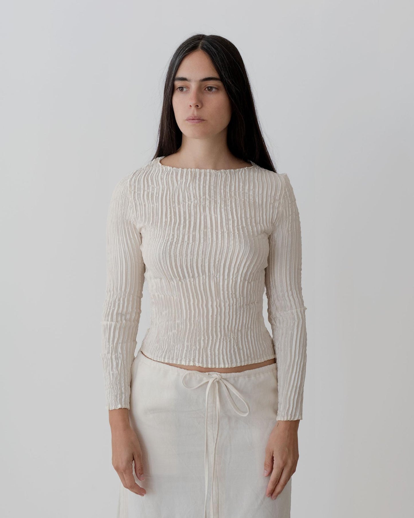 PLISSÉ SATIN SILK LONG SLEEVE TOP