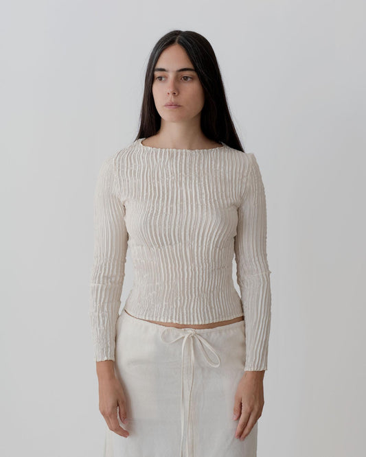 PLISSÉ SATIN SILK LONG SLEEVE TOP